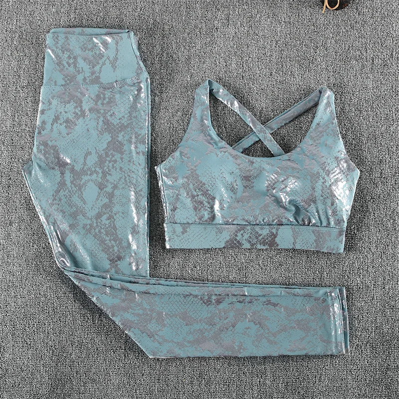 SALSPOR Women Yoga 2 Piece Sets Snake Pattern Gym Sports High Waist Tracksuits Suits Woman Fitness Exercise Outdoor Cycling Suit