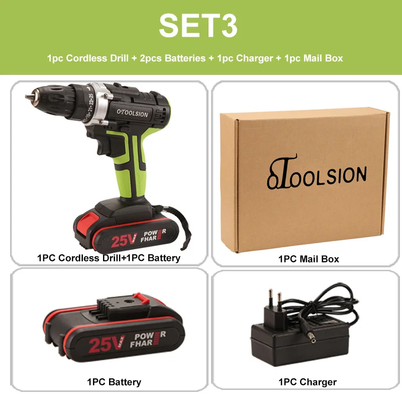 Set3 (2 pcs Battery) 25 в многофункциональная аккумуляторная отвертка 48н. М мощный крутящий момент Электрическая дрель портативная Аккумуляторная дрель аккумуляторные электроинструменты для DIY - Цвет: Set3 (2 pcs Battery)