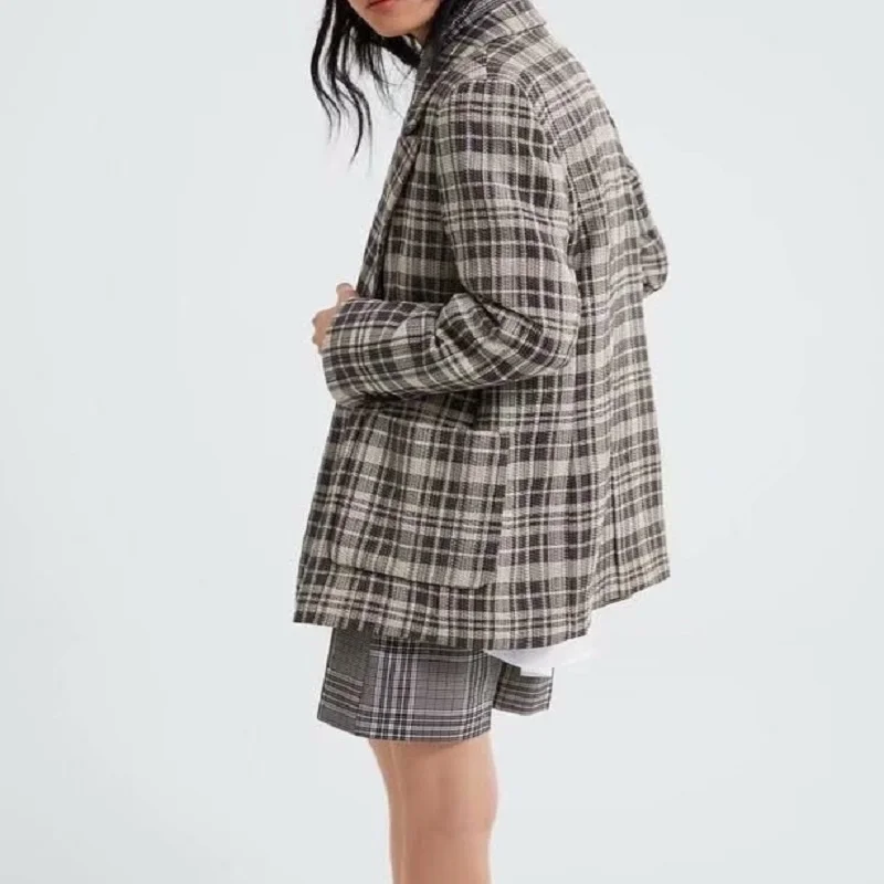 

Office Lady Suit Jacket Plaid Double-breasted AutumE New Style ZA Long Suit For Women