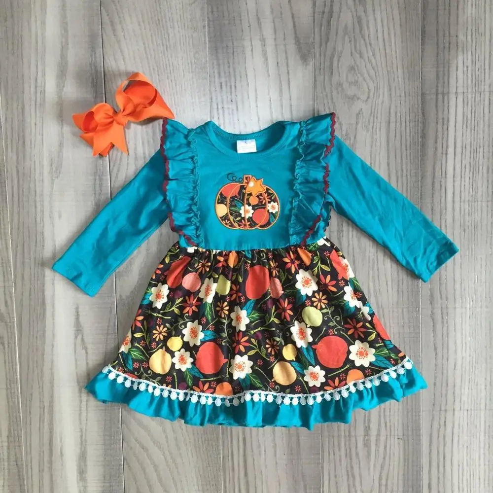 Осень/Зима Хэллоуин благодарения платье Нефритовое Цветочное платье до колена с тыквой детская одежда девушки бутик хлопок одежда с бантом