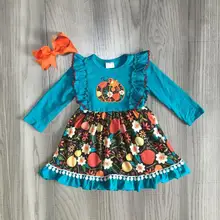 Осень/Зима Хэллоуин благодарения платье Нефритовое Цветочное платье до колена с тыквой детская одежда девушки бутик хлопок одежда с бантом