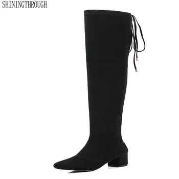 

2020 Women Over The Knee High Boots Sexy Black Winter Shoes Square Toe Elegant Women Motorcycle Boots Big Size 34-43