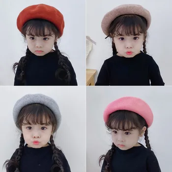 

Children Berets Girls Autumn and Winter Joker Wool Bud Hat Kids Solid Color Fashion Winter Hats Baby Short Eaves Hat