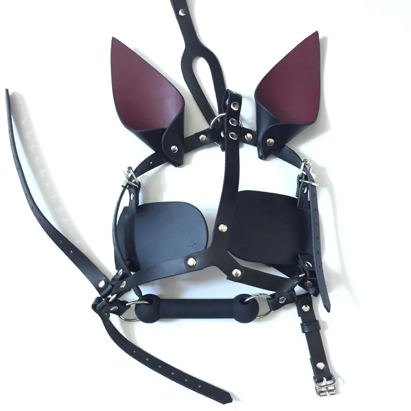 Faux Leather Pony Girl Harness Head Piece with Ears Eye Shade Bit Gag Fetish Pet Cosplay Costume women cosplay costume