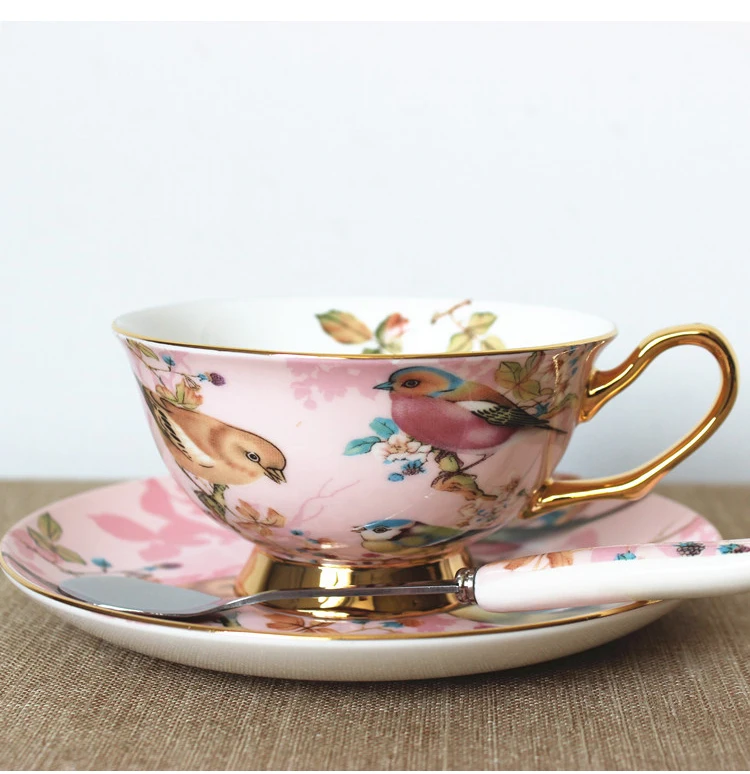Description Picture 4 of itemWourmth European Bone China Coffee Cup Set Pink Bird Creative Ceramic Phnom Penh Afternoon Tea Cup & Saucer With Spoon Nice Gift