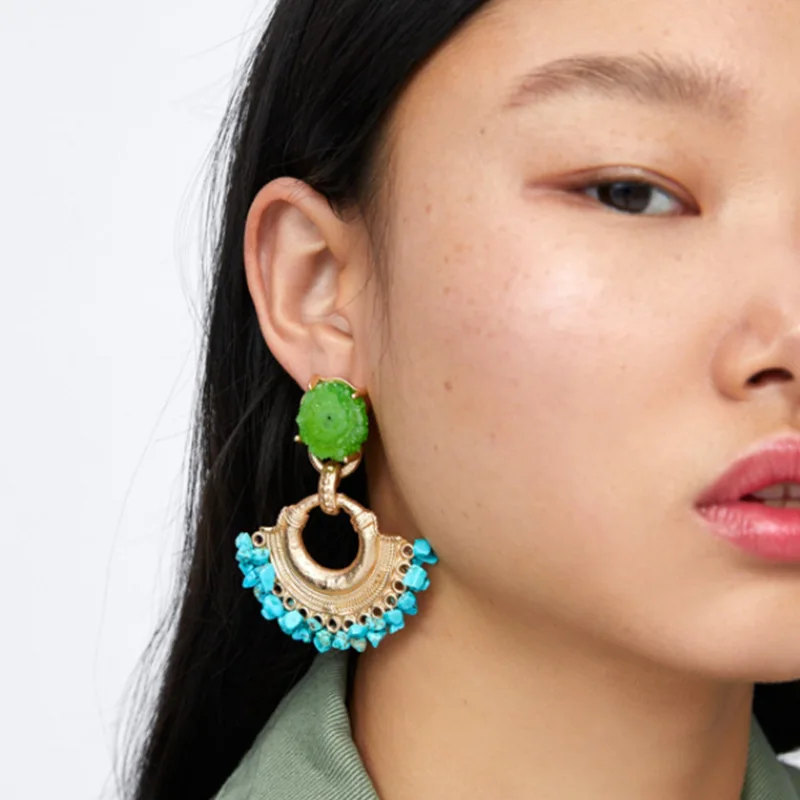 

Top Grade Natural Stone Dangle Earrings For Women Gold Alloy Bohemian Handmade Drop Earrings Charming Retro Jewelry