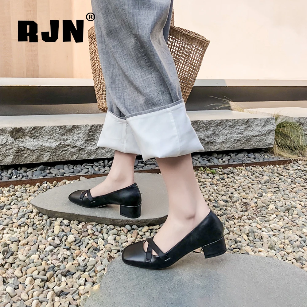 RJN Stylish Women Pumps Cow Leather Buckle Decoration Comfortable Square Toe Med Heel Elegant Slip-On Shallow Well Shoes RO35