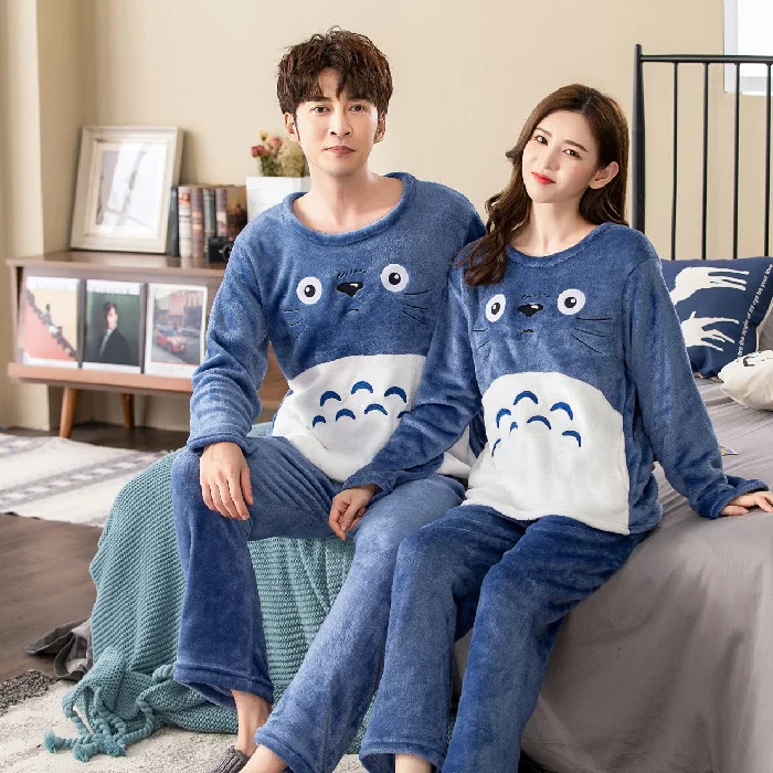 

Blue Totoro Couples Set Winter plus Velvet Coral Velvet Autumn And Winter Warm Winter Couples Home Wear