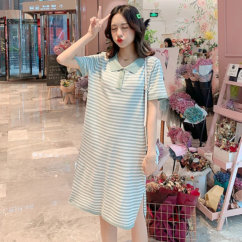 

Maternity Clothes Stripes Long T-shirt Skirt 2019 New Style Summer Korean-style Fold-down Collar Mid-length Fashion Mom Pregnant