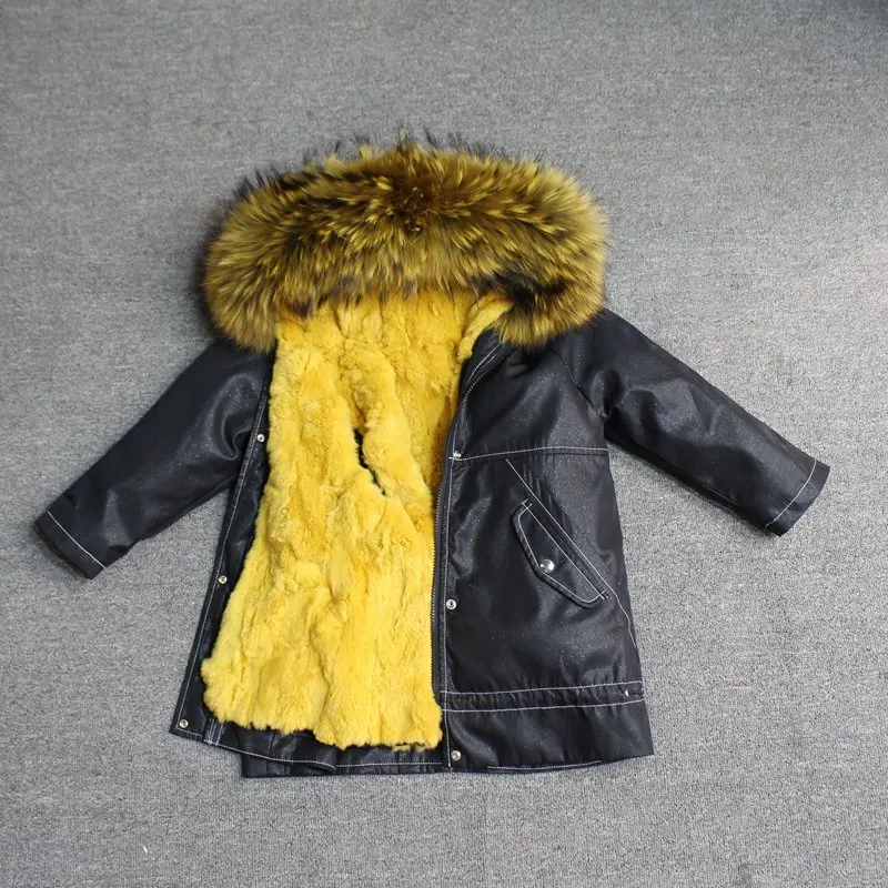 black yellow fur Новинка года, настоящий мех кролика, парка для маленьких мальчиков зимнее пальто одежда для малышей зимняя куртка парки для девочек с капюшоном из енота - Цвет: black yellow fur