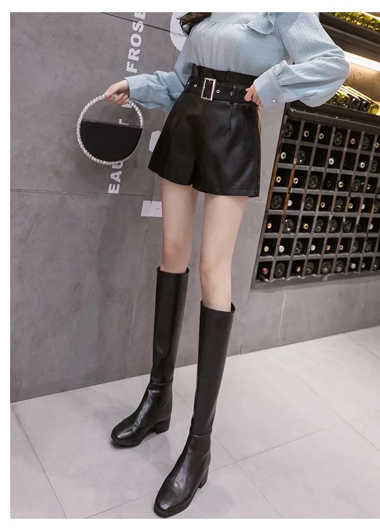 outfits for women 2022 New Autumn Winter Black PU Faux Leather Women's Shorts Sashes High Waist Wide Leg Shorts Elegant Female Trousers MT575 versace jeans couture