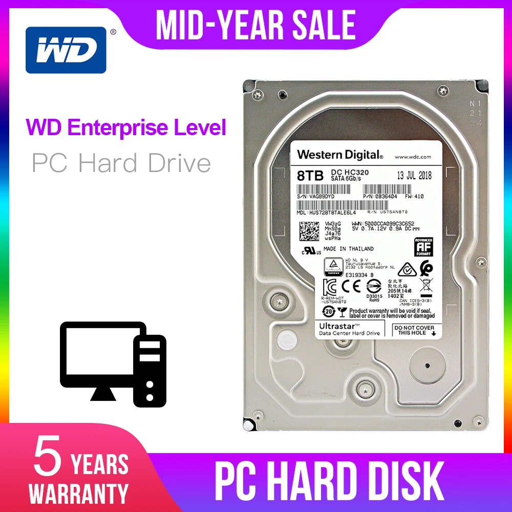 Жесткий диск Western Digital 8 ТБ 6 4 2 1 Ultrastar DC HC320 SATA -7200 об/мин класс ГБ/сек. 256 Мб кэш-памяти