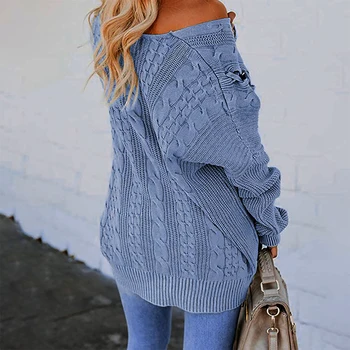 

Women Autumn Winter Artificial Wool Shopping Knitted Jumper Stylish Solid Casual V Neck Home Long Sleeve Dating Street Daily