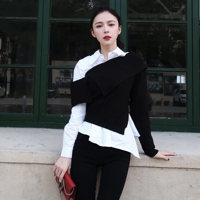 

Women Irregular Contrast Color Blouse Korean Fashion Two Piece Set White Shirt Black Knitted Vest Designer Female Clothing