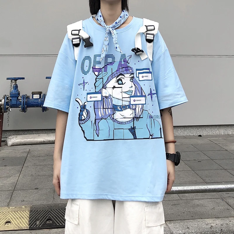 Camisetas de algodón estampado de dibujos animados mujer, remeras de talla grande estilo gótico y2k Harajuku, ropa informal manga corta con estampado de anime suave - Ropa de