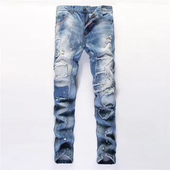 

Jeans Men Hole Vitage Dot Straight Slim Spliced Washed Denim Trousers Ripped Retro Bleached Cowboy The Four Seasons Clothing