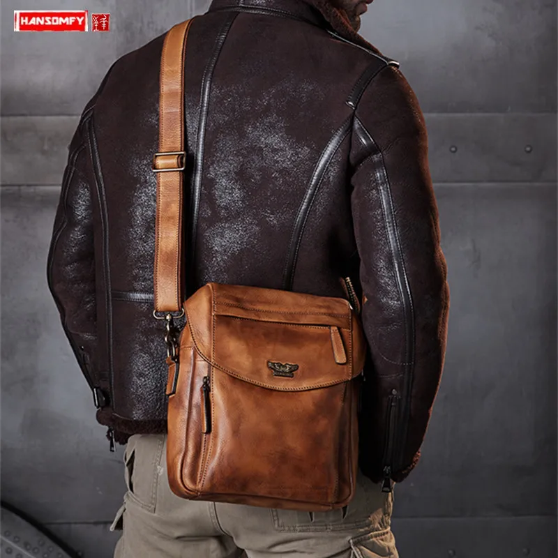 

Retro leather Men messenger bag The first layer of leather men's shoulder crossbody bag slung business bag casual bags pouch