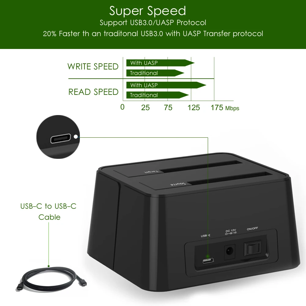 Док станция Wavlink USB 3 1 TypeC для SATA Dual Bay 2 5/3 5 SSD HDD 1/2 корпус 2*8 ТБ автономное создание