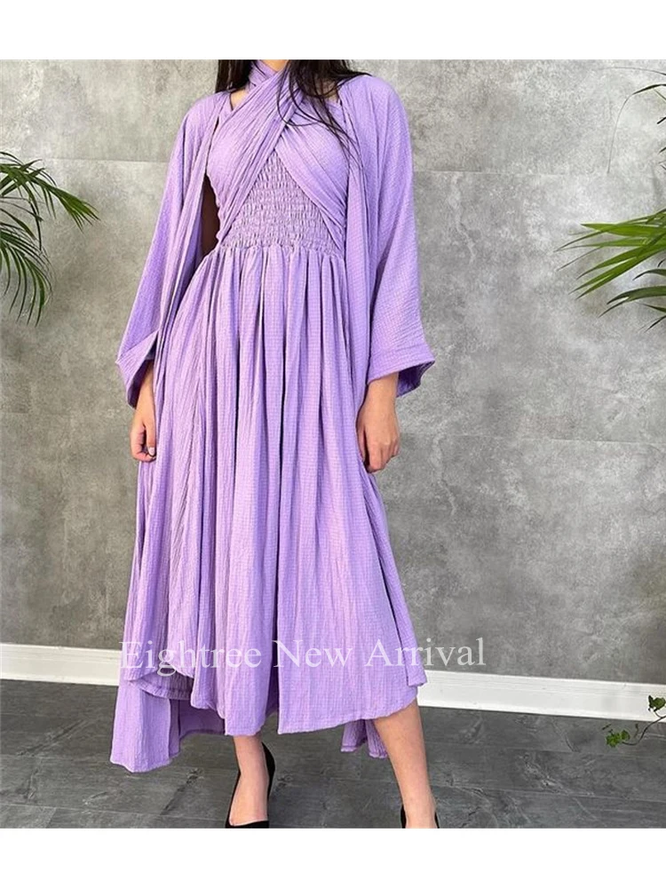 Eightree Lavender 2021 Saudi Arabia Long Sleeve Prom Dress Detachable Cloak Cross Neck Tea Length Pleated Elegant Party Gowns Eightree Lavender 2021 Saudi Arabia Long Sleeve Prom Dress Detachable Cloak Cross Neck Tea Length Pleated Elegant Party Gowns