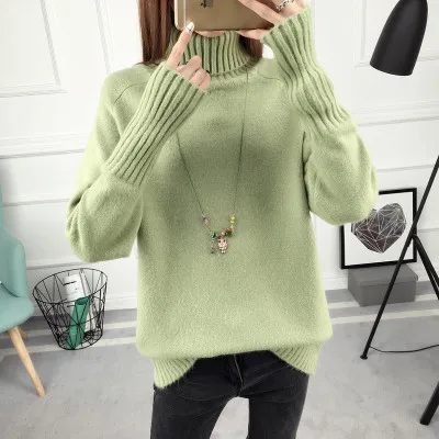 Модный осенне-зимний толстый женский свитер-пуловер с длинными рукавами, повседневный теплый базовый свитер с высоким воротом, Женский вязаный Топ - Цвет: Green