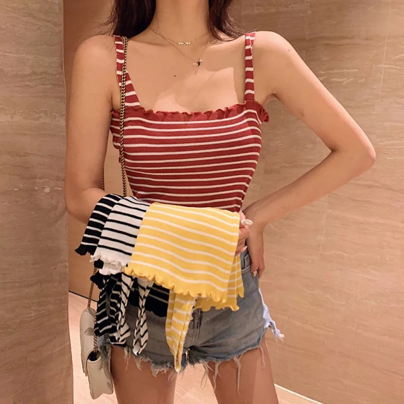 Women Sexy Strinped Camisole Short Tops Sleeveless Cotton Unpadded Bandeau Sling Knitting Camisole