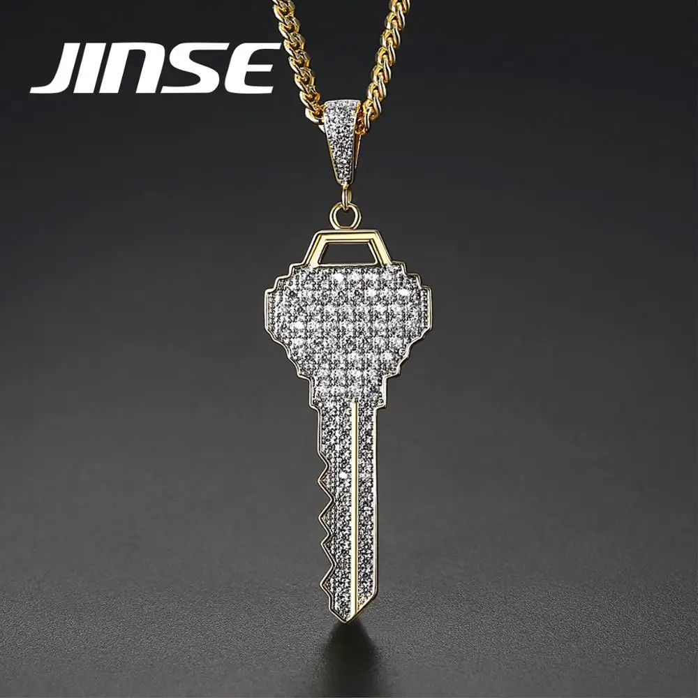 JINSE Hip Hop Cubic Zirconia Necklace Men Fashion Rhinestone Key Pendant Free Cuban Chain Jewelry Gift | Украшения и аксессуары
