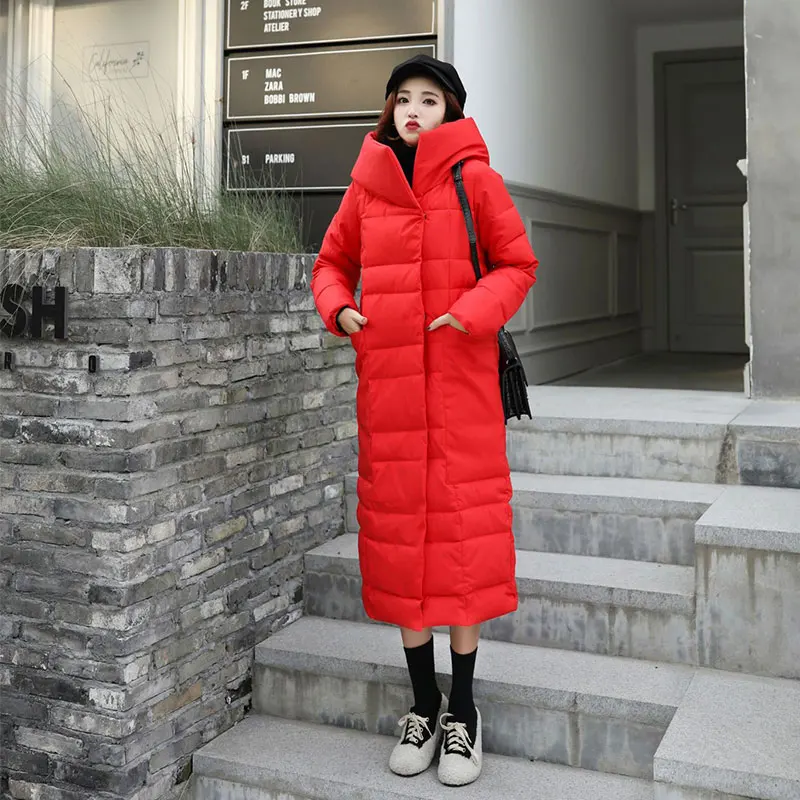 Шикарное длинное тонкое зимнее пуховое пальто с капюшоном Женская куртка большого размера Толстая теплая ватная парка с большим карманом - Цвет: RED