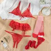 5Pcs Lingerie Set Women Sexy Open Bra Panties Garters Mesh Stockings Black Red Lace Sexy Unlined Bra Set 2021 4