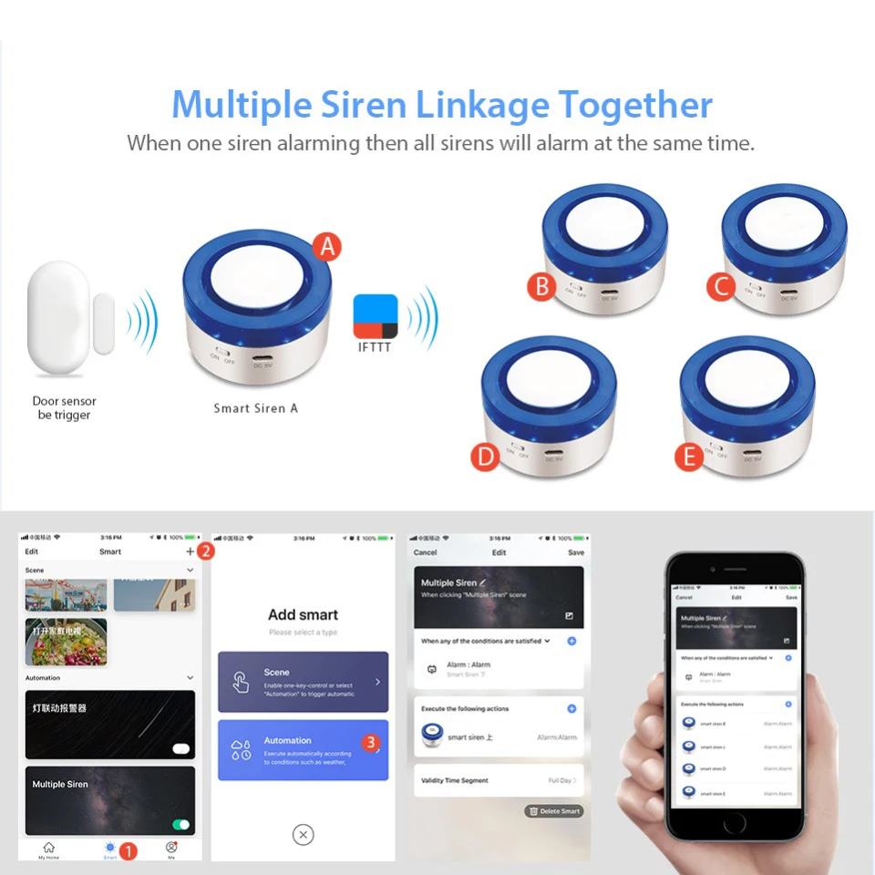 Беспроводная домашняя охранная Wifi сирена Tuya smart life приложение управление