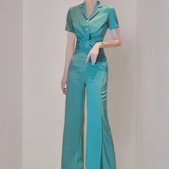 

ZAWFL 2020 Summer Elegant Front Buttons turn-down collar Tops & High Waist Long Pant Women Set OL Style 2 Pieces Set Femme