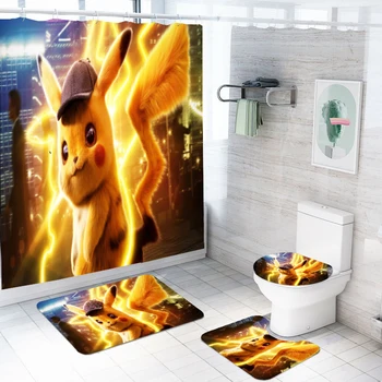 

4Pcs Pikachu Bathroom Decor Waterproof Batg Curtains with Free Hooks 3d Print Non-Slip Rug Toilet Lip Cover U Shape Rug