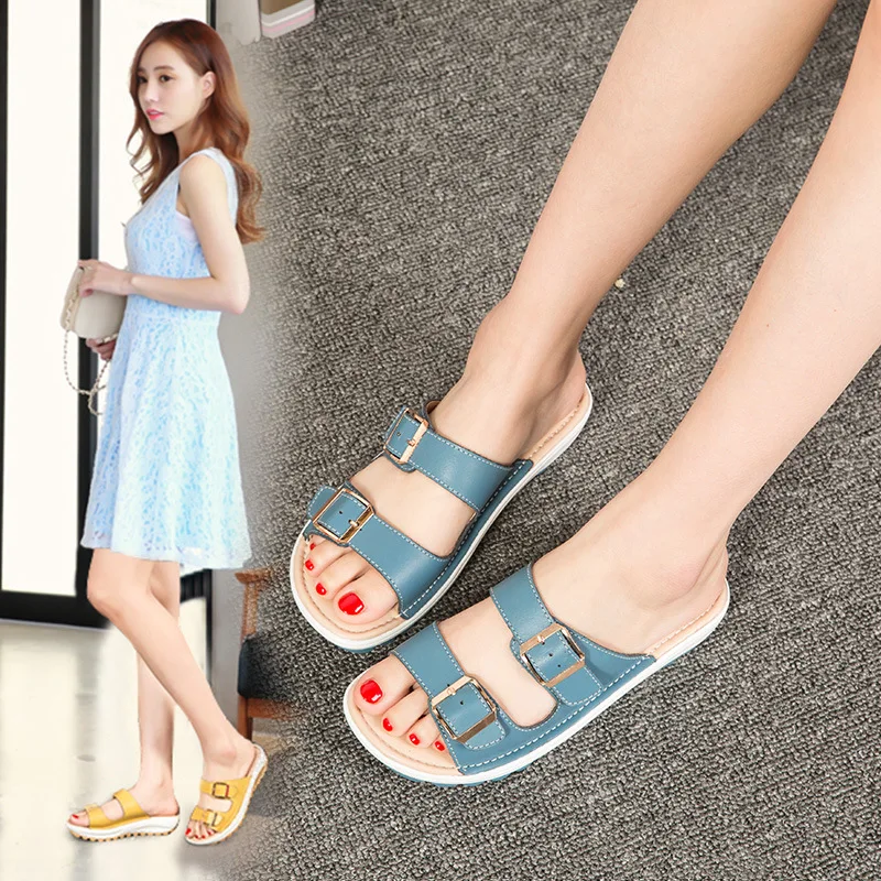 

2019 Summer New Style Sandals Slippers Hot Selling Casual Genuine Leather WOMEN'S Slippers Slanted Heel Students Sandals