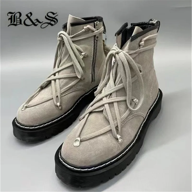

Black& Street High-TOP gray suede handmade Goodyear cross-strap Leather Boots new season motorcycles Boots