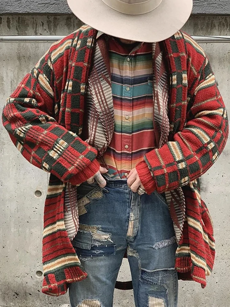 Laamei-suéter a cuadros para hombre, cárdigans de manga larga Vintage, largo, informal, nuevo, limitado, auténtico, otoño