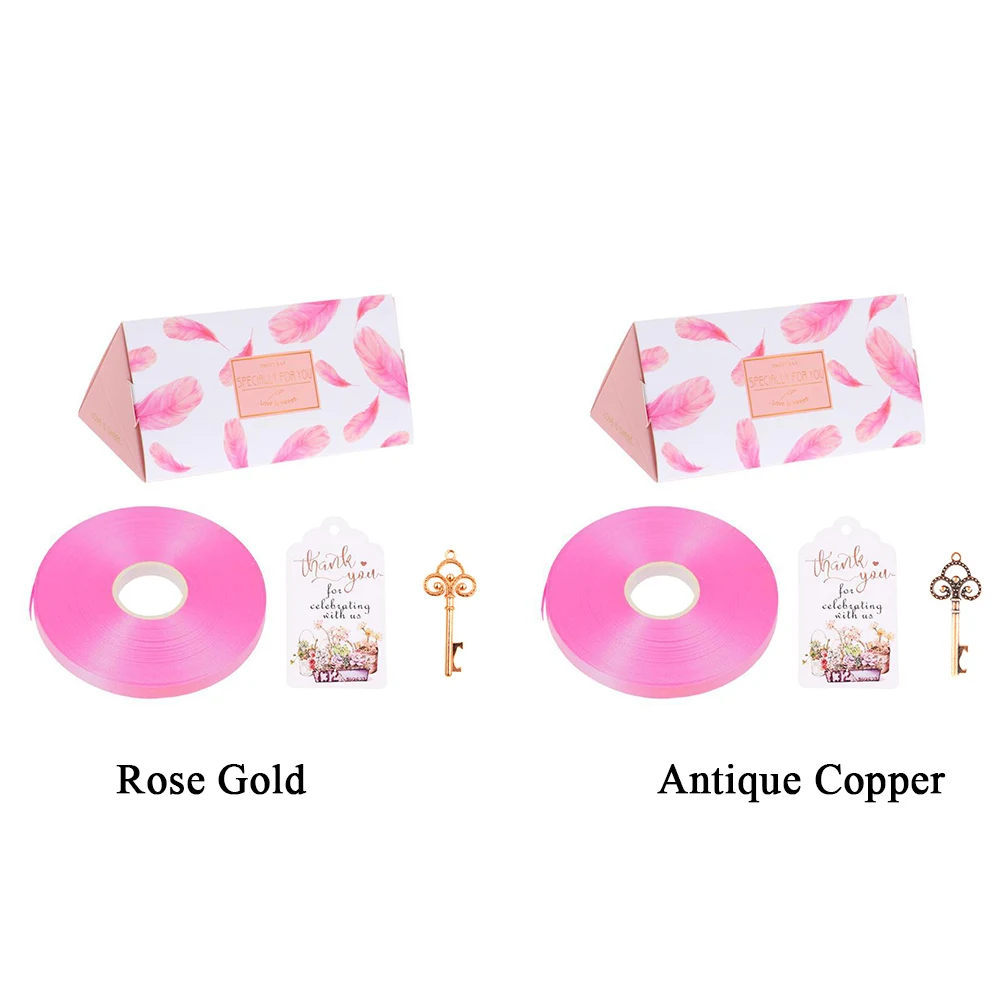 20pcs Ribbons Party With Bottle Holder Paper Triangular Candy Box Elegant Feather Print Wedding Keys Card Decoration Gifts