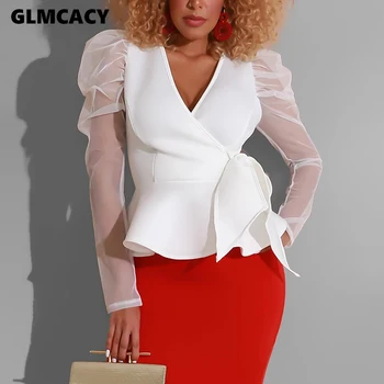 

Women Peplum Ruffle Blouse V Neck Long Mesh Puff Sleeve Fall Top Elegant Office Ladies Work Wear Blouse