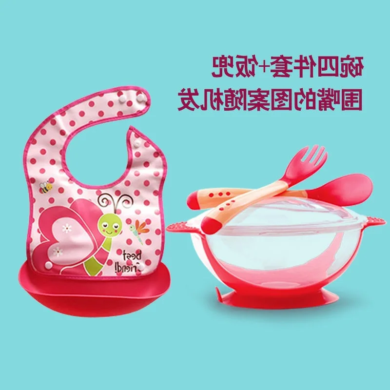 

Shatter-resistant Silica Gel Sucker Bowl Temperature Soft Spoon Fork Tableware Set Baby Infant Grinding Bowl Chopsticks Pinny Fo