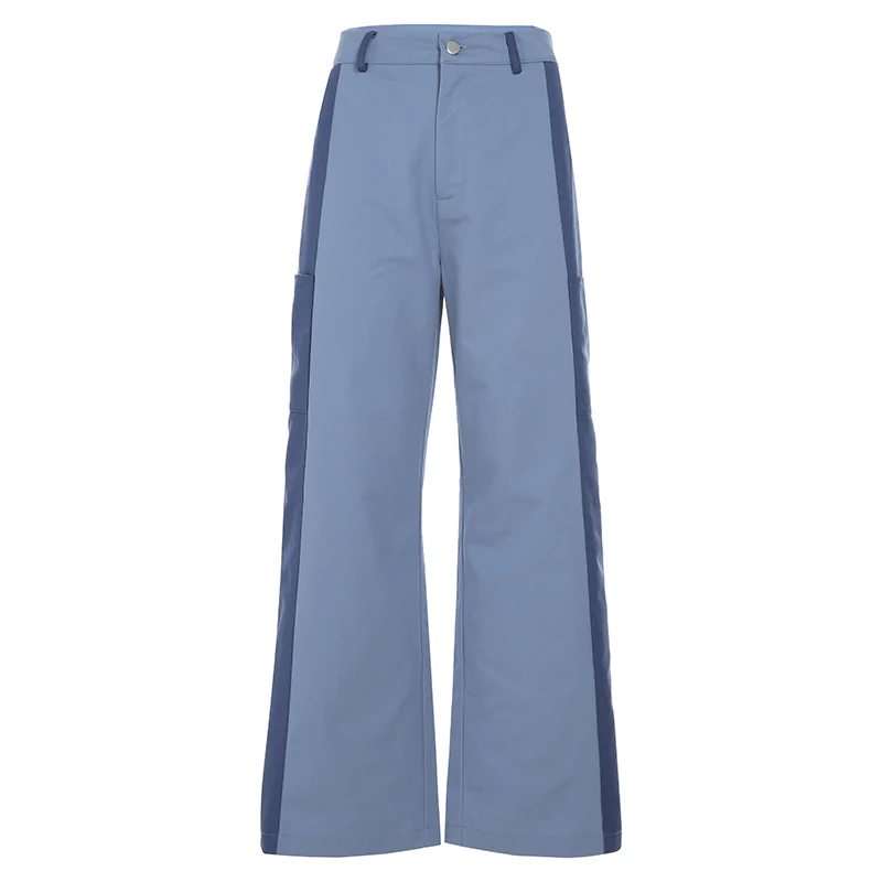 Blue Darlingaga Streetwear Loose Flare Pants Women Trousers Side Stripe Panelled High Waist Pants Casual Bell Bottom Capri Pantalones - Цвет: Blue