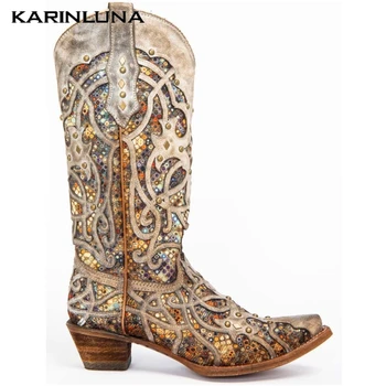 

Dropship On Sale Large Size 34-43 woman shoes Fashionable Western cowboy Boots Slip-On Chunky Heels Square Toe Autumn