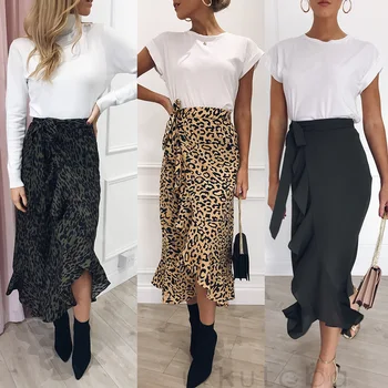 

Womens Sexy Leopard Print Wrap Over Aysmmetric Loose Skirt High Waist Midi Skirts For Women Ladies Sheer Dark Green