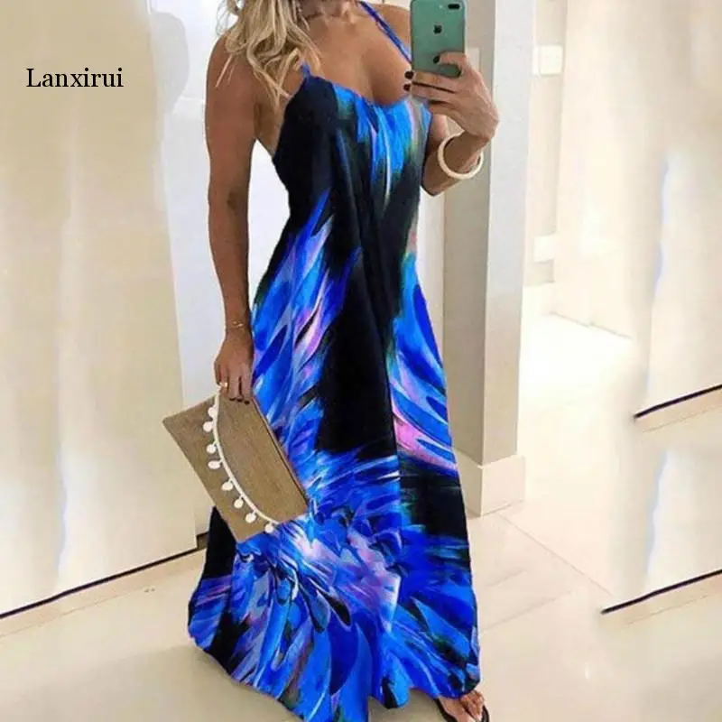 Blue Red Slim Flower Print Dress Sexy Spaghetti Strap Sleeveless Women Long Dress Summer Beach Printing Dresses  5XL image_2