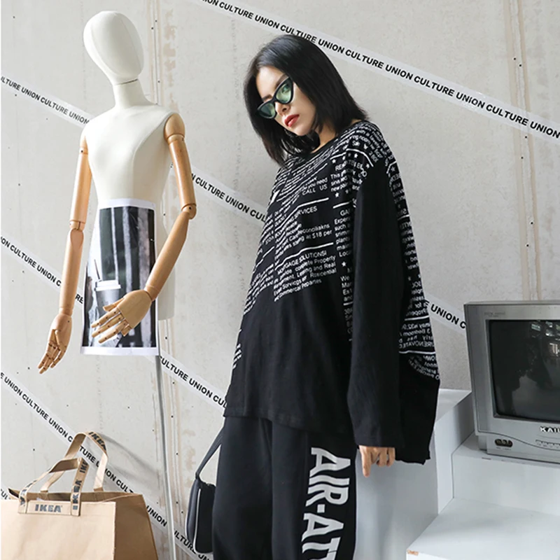 [EAM] Women black letter printed big size T-shirt New Round Neck Long batwing  Sleeve Fashion Tide  Spring Autumn 2020 1DA105