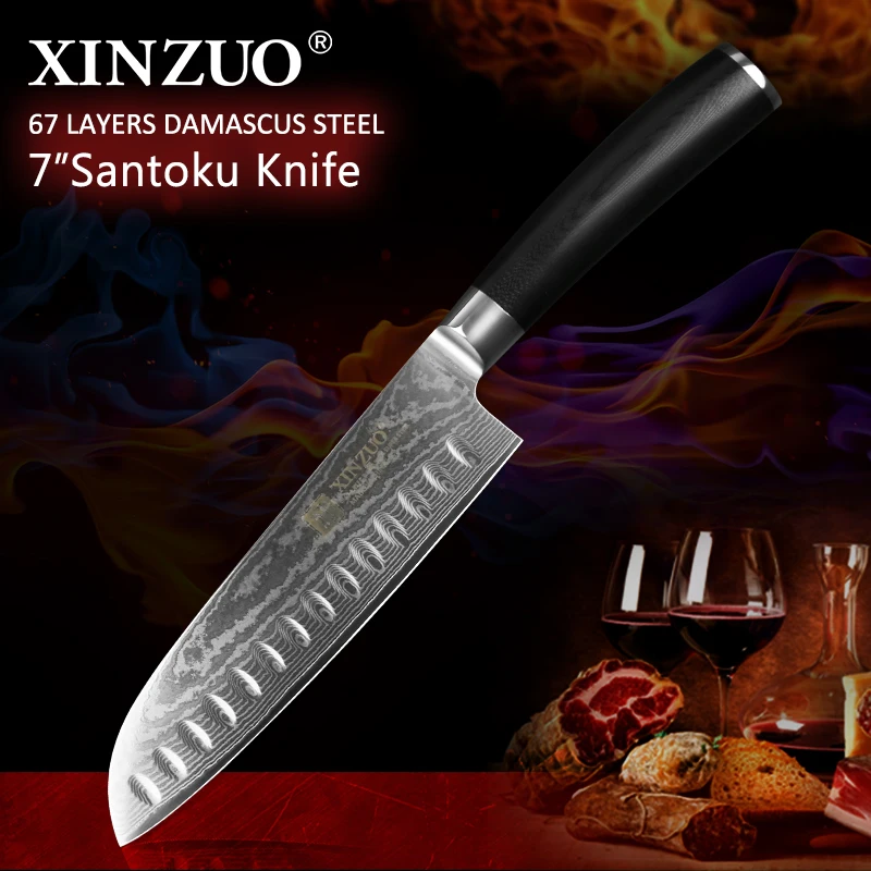 XINZUO 7-дюймовый нож Santoku дамасская сталь нержавеющая ручка G10 новейшие кухонные
