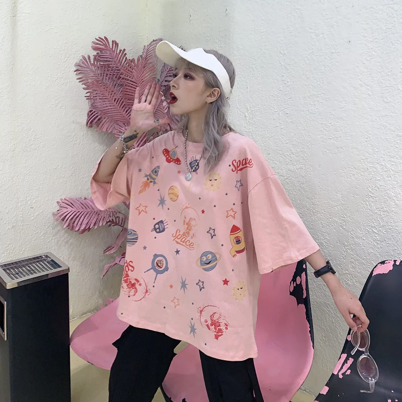 Корейская Летняя женская футболка с принтом Harajuku винтажная модная повседневная