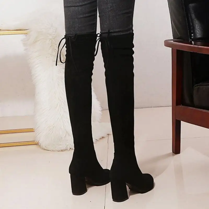 RIZABINA/простые женские Стрейчевые сапоги брендовые модные высокие сапоги черного цвета с перекрестными ремешками женские Сапоги выше колена размер 34-39