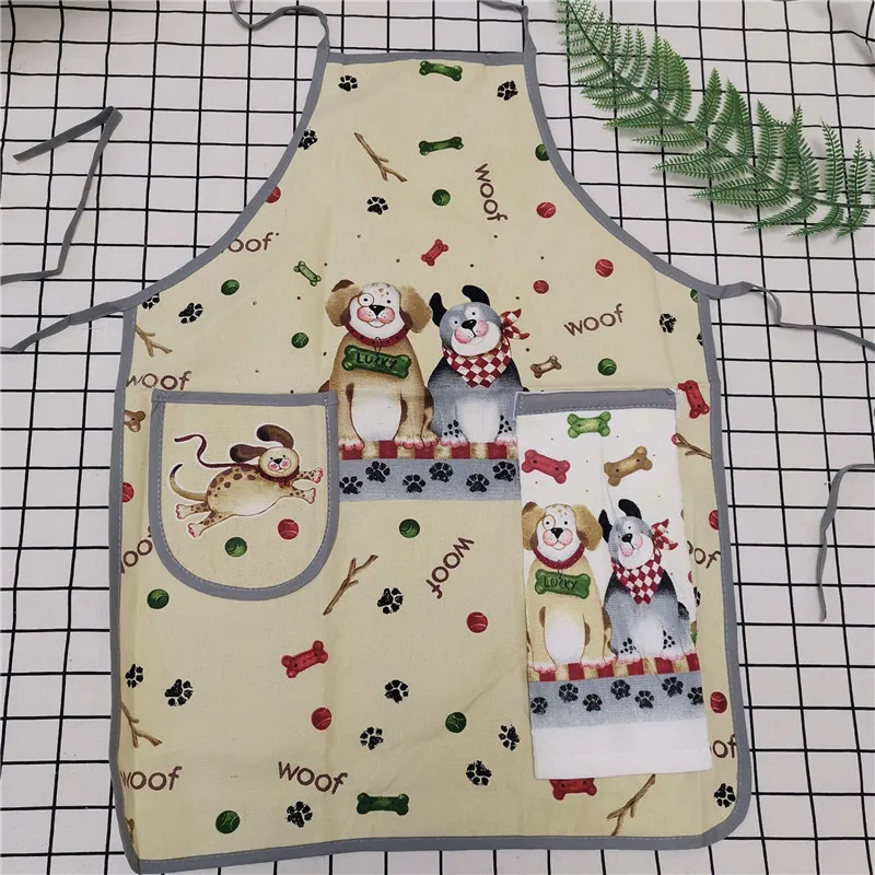 

1 Set Cartoon Animal Flower Printed Cotton Women Apron With Pocket Hand Towel Kitchen Cleaning Tool