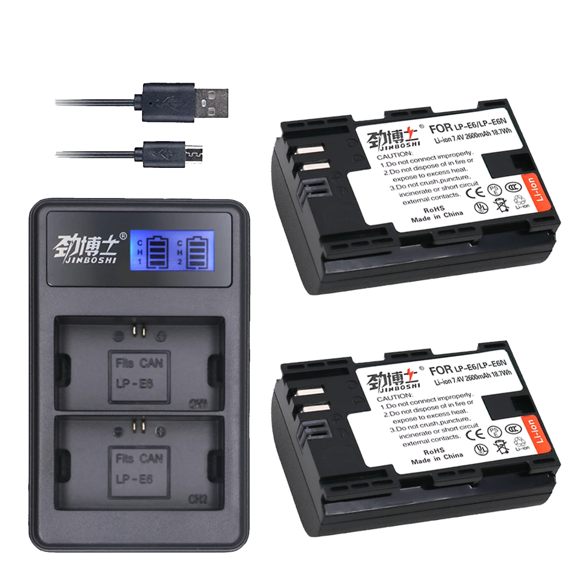 

2pcs 2600mah LPE6 LP-E6 LP-E6N LP E6 E6N Replacement Battery + LCD USB Dual Charger for Canon EOS 5D Mark II III 7D 60D 6D