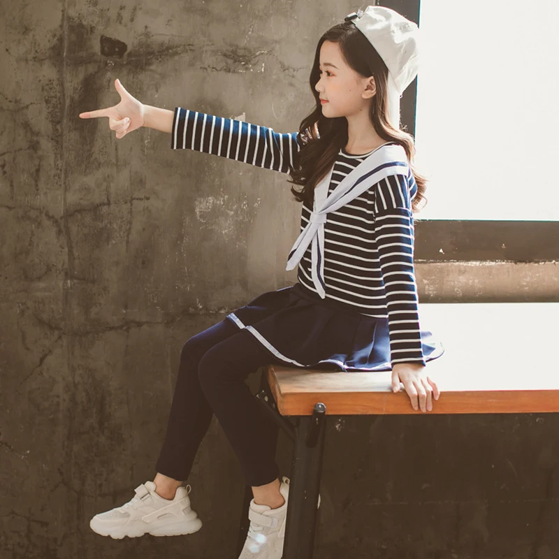 

2019 Fashion Big Girls Sports Suits striped navy Clothing Set for Teenage Spring Autumn Tracksuit Kids Sportswear 4 10 years