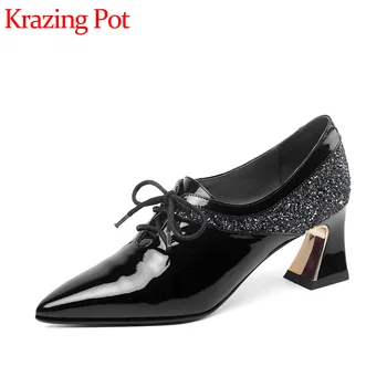 

Krazing pot basic patent leather pointed toe high heels bowtie bling fairy office lady deep mouth lace up early spring pumps L63