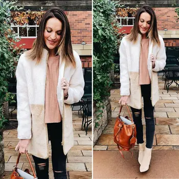 

NEW Women Winter Warm Fleece Turn-down Collar Patchwork Fur Teddy Bear Coat Fashion Long Sleeve Zip Outwear Jacket Jumper
